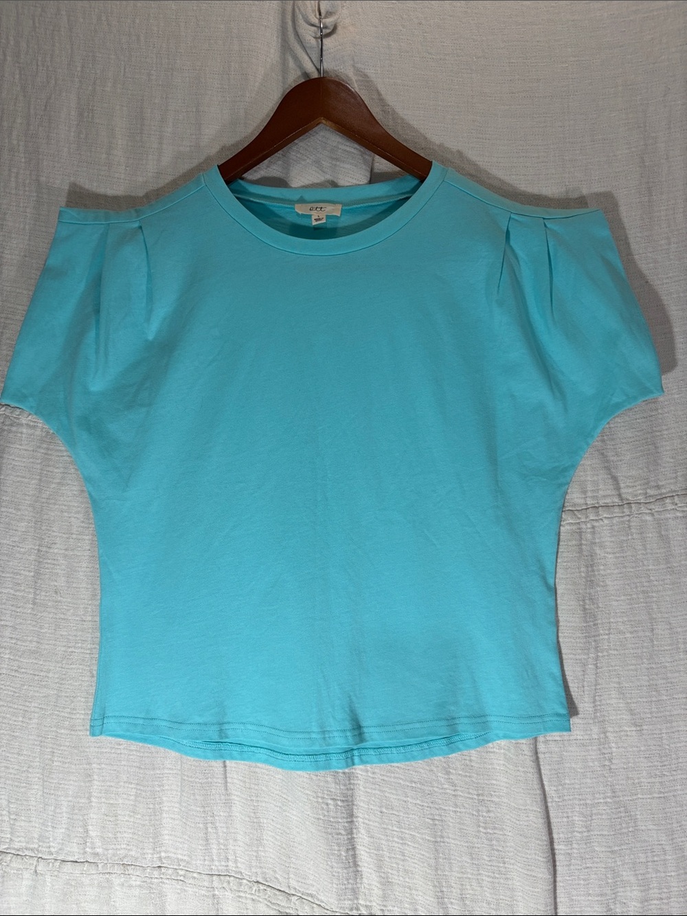 Ott Turquoise Blue Pleated Puff Short Sleeve 100% Cotton Tee Shirt Size L